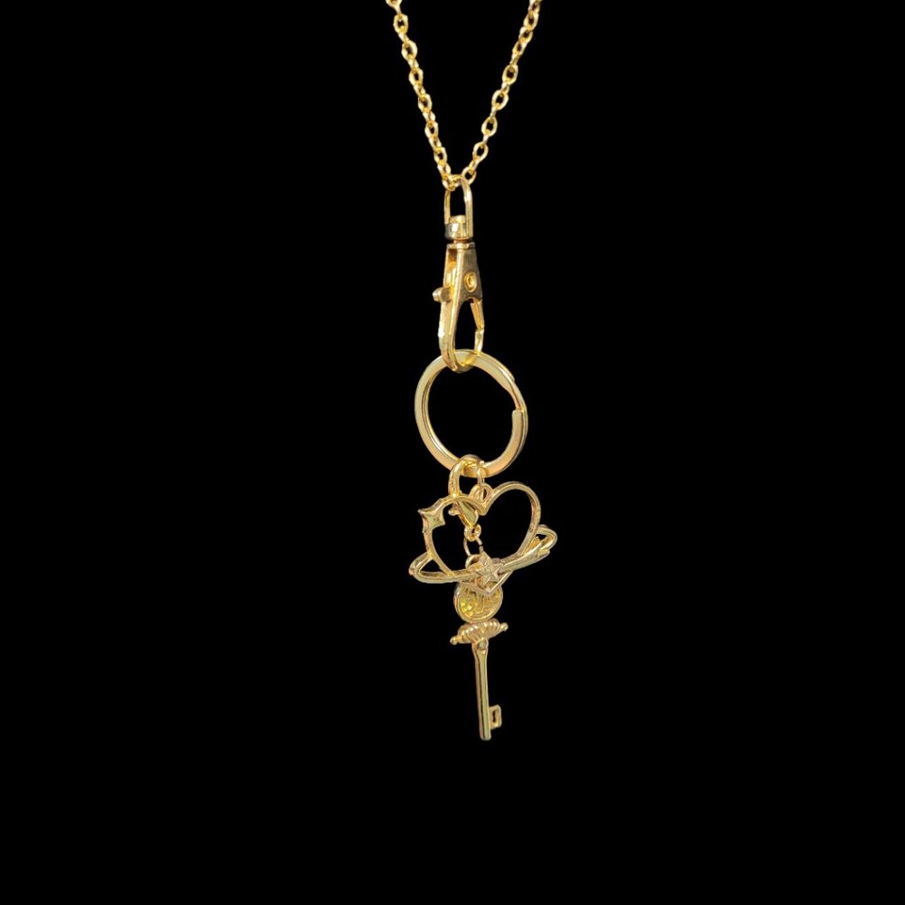 Vintage Gold Tone Flat Key Ring & Vintage Gold Snap Hook Heart and Key Necklace